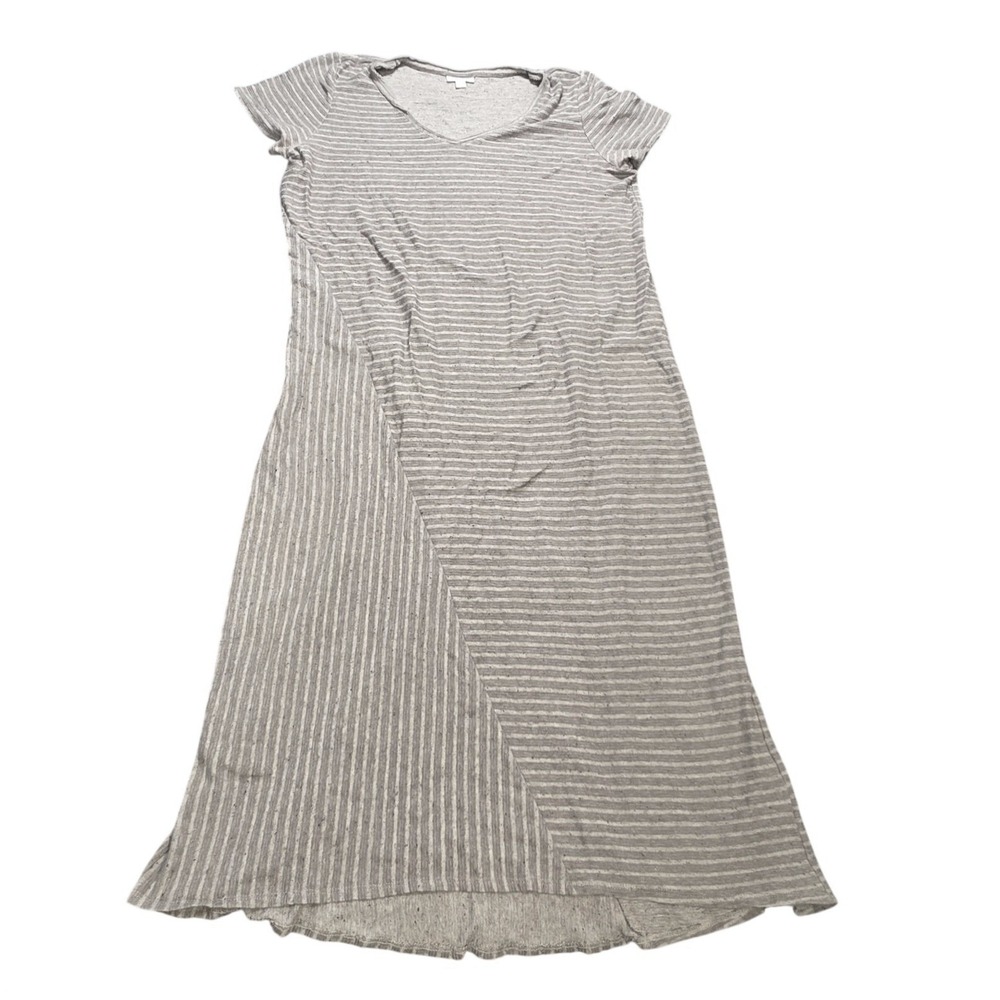 Pure Jill Maxi Dress Women's Size L Gray Striped Cotton V-Neck Short Sleeve